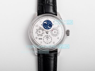 Swiss IWC Portugieser Perpetual Calendar 41mm Mens Watch White Dial Black Leather Strap